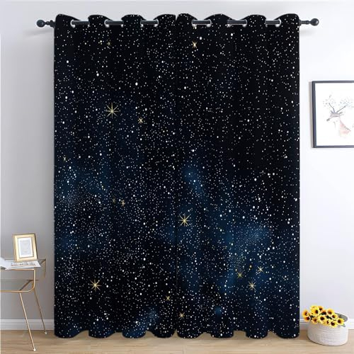 Verdunkelungsvorhänge mit Ösen, Dunkel, Kosmischer Sternenhimmel, Sterne Bedruckte Wärmeschutz und Thermovorhänge, Blickdichte Fenstervorhänge für Kinderzimmer, Schlafzimmer, Wohnzimmer 183x214 cm