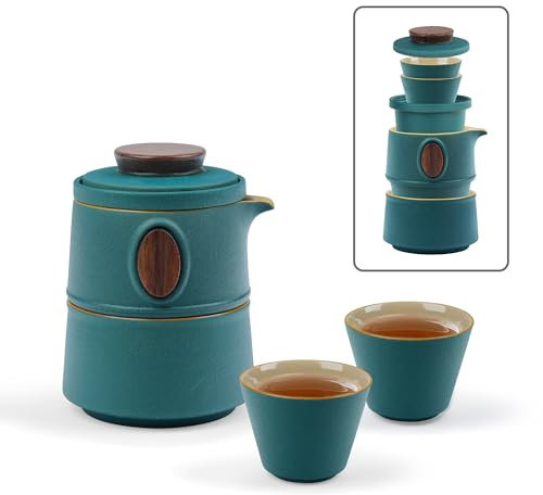 fanquare Set da Tè da Viaggio Portatile con Custodia Teiera Kung Fu Cinese in Porcellana Verde con Infusore Mini 1 Teiera 3 Tazze per Esterni