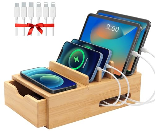 Bambus-Ladestation für mehrere Geräte, Schreibtisch-Lade-Organizer mit Schublade und Ablage, Holz-Dockingstation inklusive 6 Kabeln, kompatibel mit iPhone-Geräten, Handy, Tablet (kein USB-Ladegerät)