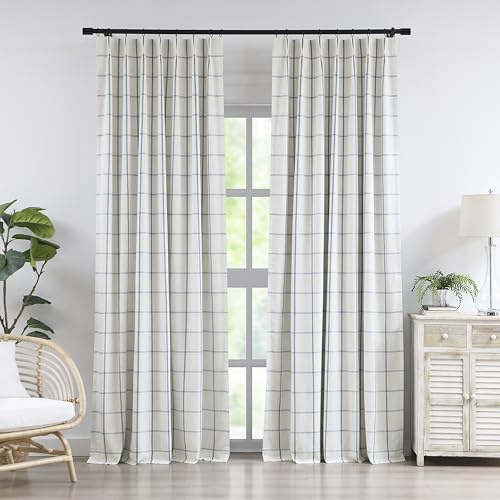 Vision Home Blue Plaid Linen Pinch Pleated Full Blackout Curtains Checkered Thermal Insulated Window Panels 84 inch for Bedroom Living Room Energy Efficient Rustic Pleat Drapes with Hooks 40Wx84Lx2