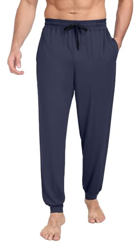 PrinStory Schlafanzughosen Für Herren Lang Pyjamahose Mit Taschen Elastischem Bund Schlafhose Pyjama Hose Strick Lounge Hose Freizeithose (Marineblau, L)