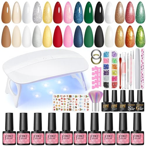 PEACECOLOR 33Pcs UV Nagellack Set mit uv Lampe, 10 Farben UV Nagellack Gel Weiß Rot Grün Blau Braun und Glitzer mit Lampe Base Top Coat Gelnägel Sets Gel Nägel für Anfänger