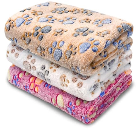 Waschbare Hundedecken für kleine Hunde und Katzen, superweiche Flanell-Hundedecke, Katzendecke, mit Krallenmuster, Haustierdecke, Matte (Weiß/Braun/Rosa, Größe S: 58,4 x 40,6 cm), 1 Packung mit 3