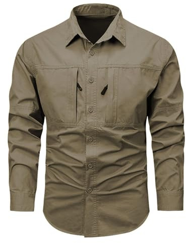 Chemise à manches longues pour homme - Coupe droite - Infroissable - Chemise de loisirs pour homme - Avec boutonnière et poches zippées - Stretch - Manches longues - Respirant - Chemise de chasse