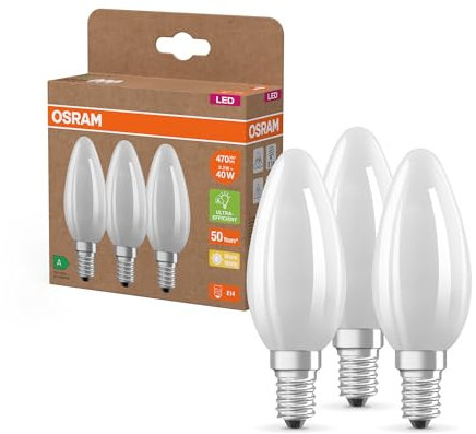 OSRAM Hocheffiziente LED Lampen mit Energieeffizienz Klasse A, Vorteilspack mit 3 Leuchtmittel, ersetzt herkömmliche 40W Glühbirnen, Kerzenform, warmweiß(2700K), E14, mattes Glas