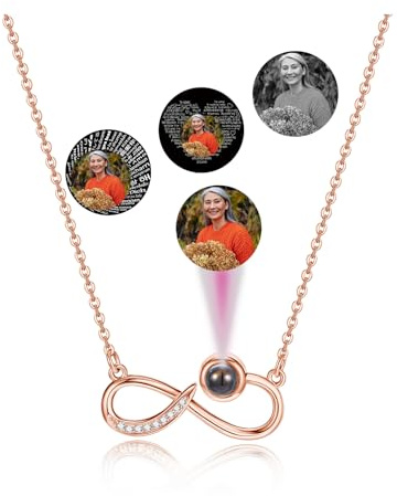 PiercingJak Personalisierte Halskette Bild Projektion Kette mit Foto im Stein Infinity Unendlichkeitszeichen Anhänger Liebe Freundschaft Schmuck Süße Geschenke für Damen Frauen Mädchen Freundin