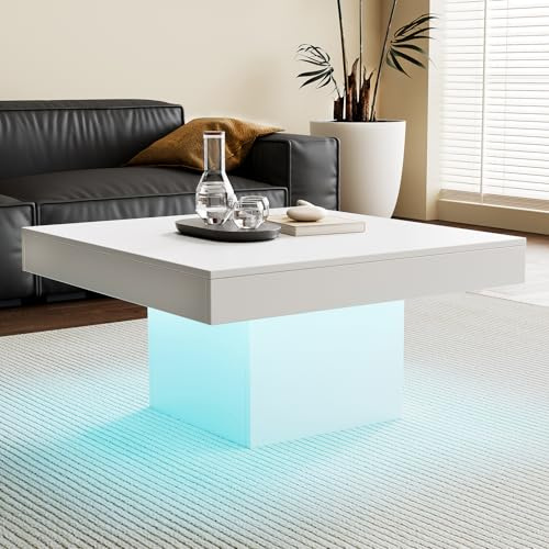 KEEPREAPER Couchtisch Wohnzimmertisch mit led Beleuchtung modern, Tisch Wohnzimmer klein mit Fernbedienung sofatisch hautänhliche textur, 78x78x40cm (Weiß)
