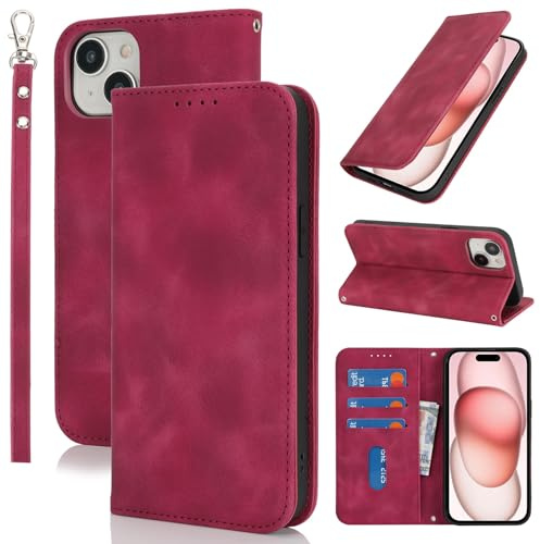 Jaorty for iPhone 15 5G Phone Case Wallet with Wrist Strap,Wallet Case for iPhone 15 with Card Holder for Men Women,Cash Pocket PU Leather Magnetic Kickstand Cover Purse,6.1 Matte Burgundy