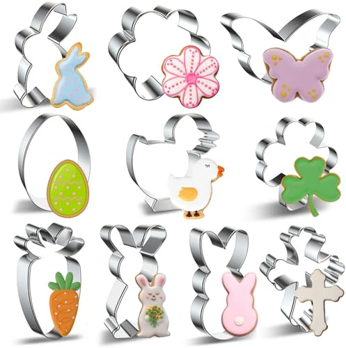 Easter Cookie Cutter Set - 10 pieces - Easter Bunny, Egg, Chick, Carrot, Rabbit, Bunny Face, Holy Cross, Leaf, Flower, Butterfly Shapes - Stainless Steel Biscuit Molds for Spring Holiday Baking