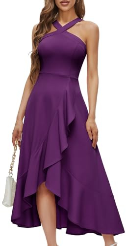 Bbonlinedress - Vestido de cóctel halter para mujer, vestido formal para graduación, boda o dama de honor, vestido largo con volantes para fiesta nocturna, Uva, S