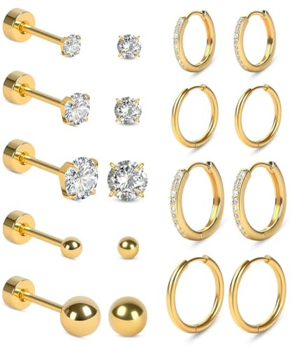 Vicloon Conjuntos de Pendientes, 9 Pares Aros Acero Inoxidable Pendientes de Aro Hipoalergénico Cartílago Huggie Hoop Pendientes Tragus Oreja Piercing Joyería para Mujer Cartílago (Oro)