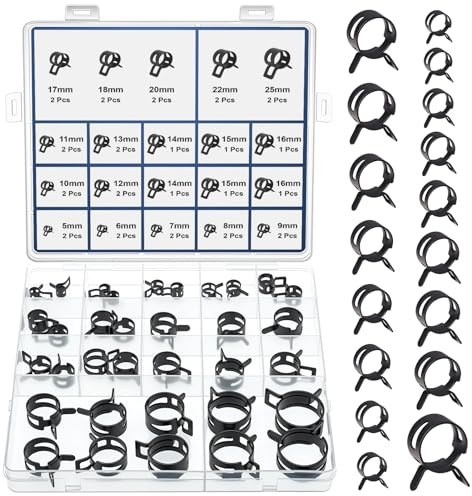 JTAREA 17Sizes Spring Band Hose Clamps Assortment Kit 5mm 6mm 7mm 8mm 9mm 10mm 11mm 12mm 13mm 14mm 15mm 16mm 17mm 18mm 20mm 22mm 25mm Hose Clamp Clips Abrazaderas