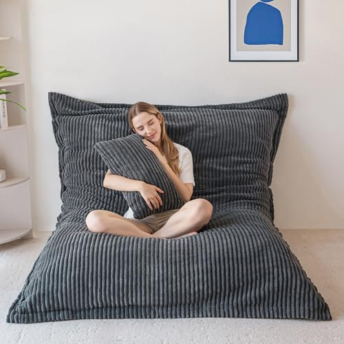 MAXYOYO Giant Bean Bag Chair with Pillow, 3 in 1 Convertible Bean Bag Chair for Adults with Washable Cover, Removable Floor Cushion Stuffed Floor Lounger for Living Room Bedroom, Dark Grey, Full