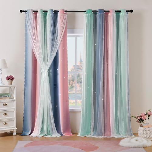 Best Baisite Gardinen Kinderzimmer 2er Set Verdunklungsvorhänge H 175 X B 132cm Doppellagige Vorhänge mit Hohlen Sternen Kinder Mädchen Baby Ösenschal Ösenvorhange Dekoration