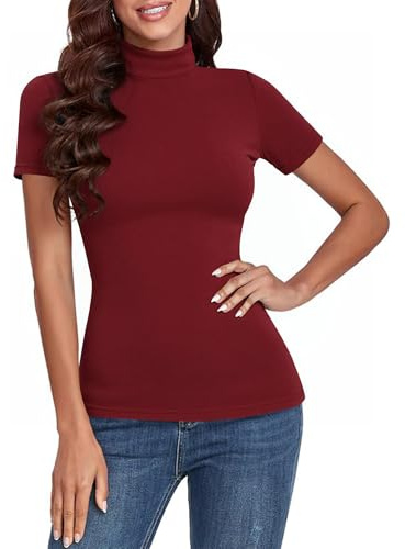 Totatuit Top Dolcevita Donna T-Shirt Maglia Maniche Corte Maglione in Cotone Collo Alto Pullover Elegante a Maglieria Bordeaux S