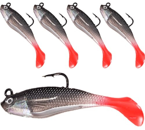 Fishing Lure Set,5 Pcs 8cm Soft Bait Head,Pre-Rigged Soft Lures,T Tail Artificial Bait,Great Action Swimbait,Easy Catching Lures for Family Fishing,3D Eyes Soft FishingLure Single Hook Baits