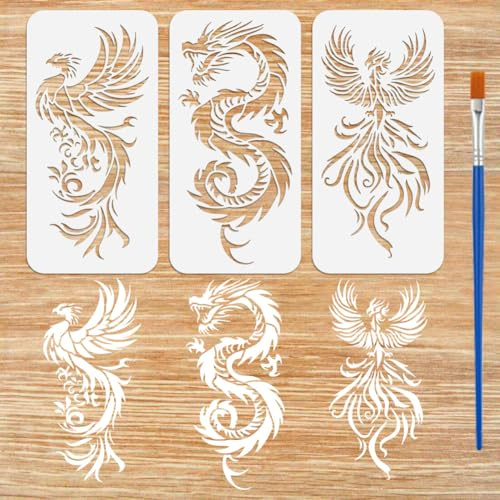 FINGERINSPIRE 3 Stück Drachen Phönix Schablonen Zum Malen Mit Pinsel 15x30cm Phönix Schablone Mit Flügeln Ausgehöhlte Drachenmuster Schablone Kunststoff Orientalische Tiermotiv Vorlage Für Heimwerker