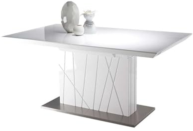 MOMMA HOME Ambra - Mesa de Comedor Extensible para 6-8 Personas, MDF Blanco Alto Brillo y Acero Inoxidable, 160/220 x 90 x 76 cm