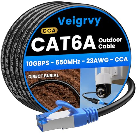 Veigrvy Câble Ethernet Cat 6A Extérieur 75M, 23AWG 10Gbps RJ45 LAN Réseau | Enfouir Directement Veste Étanche LLDPE UV, Haute Vitesse Gigabit Internet, CCA, UTP, 550MHz avec 80 attaches Noir