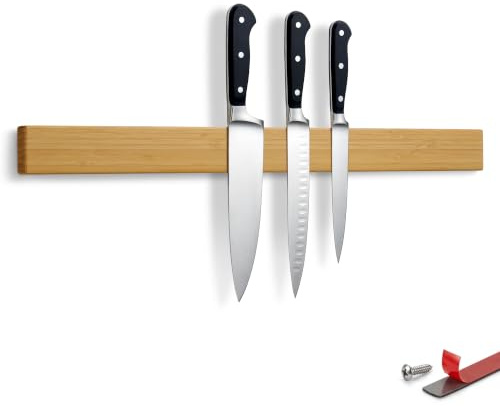 LARHN Barra Magnetica per Coltelli Neodimio - Bambù, 60 cm | Porta Coltelli Magnetico Autoadesivo senza Foratura, Viti, Striscia 3M Opzionale e Video, Tiene i Coltelli più Pesanti