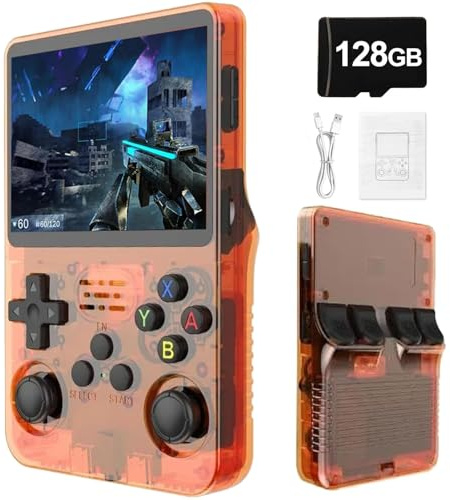 R36S Consola De Juegos Portátil - 3,5 Pantalla IPS, 21000 Juegos Clásicos 3500mAh Batería, Sistema Linux Portátil Mini Consola De Juegos-Orange||128G
