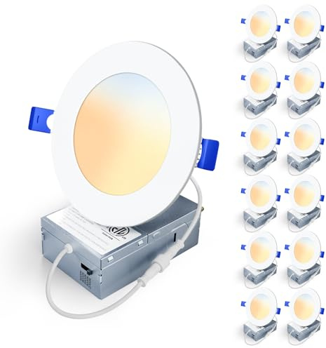 Veriligt 12 Pack 4 Inch 5CCT LED Recessed Light, Silm Canless Recessed Lighting, Dimmable, Damp Rated, 2700K-5000K Selectable, Wafer Ceiling Downlight with Junction Box, 750LM, 9W 120V, ETL&FCC