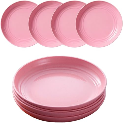 MaoMaoCha Plastic Plates Reusable Set of 4, 23 cm Unbreakable Dinner Plates | Lightweight Camping Plate for Picnic, Salad, Pasta, Party, Home, Office, Dishwasher & Microwave Safe (Pink)