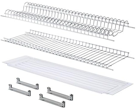 MAKKIORI Kit Scolapiatti | Griglia piatti e bicchieri con Vaschetta Raccogligoccie per Pensili Cucina | Acciaio Inox antiruggine | Kit con Staffe (86 cm per pensile 90)