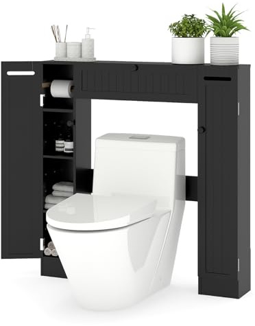 COSTWAY Meuble WC au-Dessus des Toilettes, Etagère de Rangement de Salle de Bains, avec Porte-Rouleau et Placards, 19,5 x 89 x 99 cm (19,5 x 89 x 99 cm,Noir)