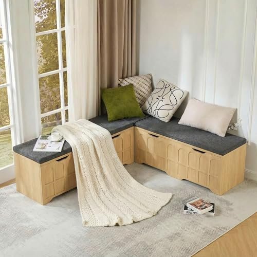 Andehomy 63 L-Shaped Bench with Cushion & Arched Doors, Breakfast Nook Benches with Hidden Storage, Kitchen Corner Dining Bench Seating for Entryway, Dining Room Kitchen, Natural Oak