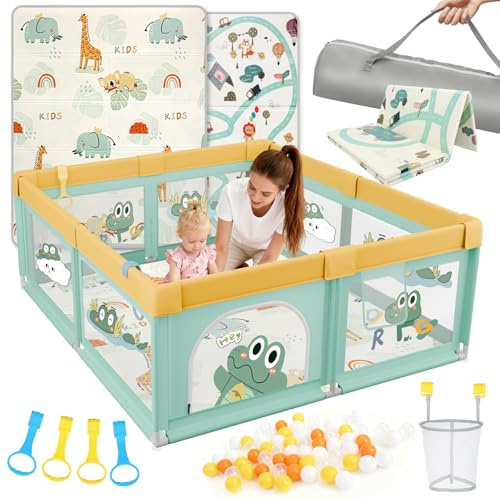 SPYLAVE Laufstall Baby 180x200cm mit Matratze, XXL Laufgitter Baby mit Rutschfestem Boden & Atmungsaktivem Netz, 210D Oxford Gewebe, Stabiler & Sicherer Babyspielplatz, Playpen, 60 Bällen, 4 Griffe