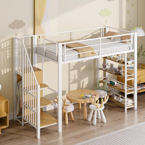 Loftsäng dubbelvåningssäng 90 x 200 vit våningssäng med förvaringsstege, skåp, hylla, bunk, säng i metall, galler, utseende, robust sovsystem för WG-rum, vuxna, utrymmesbesparande, järn