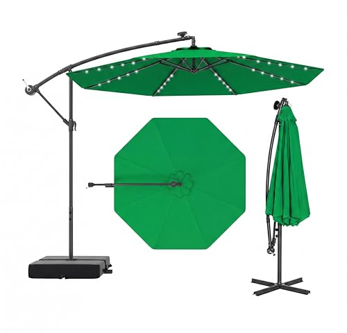 GOPLUS Sombrilla Terraza Exterior 3x3 m con 40 Luces LED Solares, Parasol Excentrico Inclinable con Pie y Base, Altura ajustable, Resistente al Viento y GuardaSol (con Base y LED, Verde, 3 M)