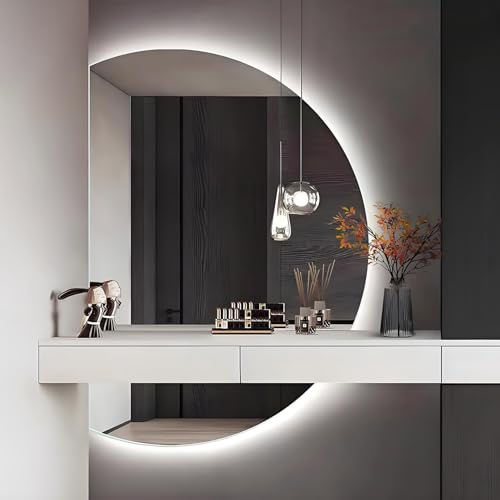 Aenmezen Moderno Specchio da Bagno Intelligente a Mezzaluna, Specchio da Parete Retroilluminato Senza Cornice, 3 Colori Dimmerabile, Anti-nebbia Antideflagrante(Left cut,90 * 60cm)