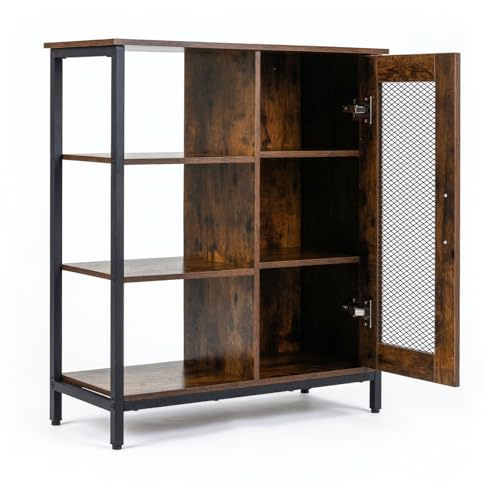 GiantexUK Industrial Kitchen Sideboard, Wooden Buffet Cabinet with Door, Adjustable Shelf and 3 Open Shelves, Freestanding Storage Cupboard Unit for Dining Living Room (1 Wire Door, Brown, 70x30x81cm) | Wooden Buffet Cabinet with Door, Adjustable Shelf and 3 Open Shelves, Freestanding Storage Cupboard Unit for Dining Room