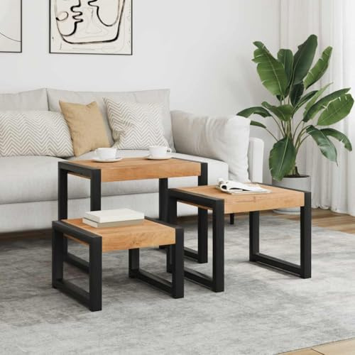 Dizorality Satztische 3 Stk aus massivem Akazienholz und Gummibaumholz mit pulverbeschichtetem Stahlgestell, stapelbar, vielseitig als Beistelltisch, Couchtisch, Nachttisch im Wohnzimmer, Schlafzimmer