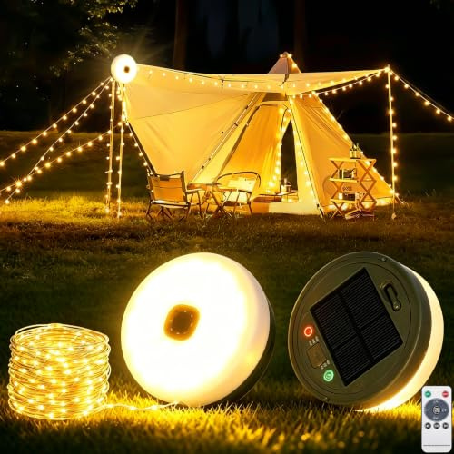 Vleuexe Solar Camping Lichterkette Aufrollbar,8 Beleuchtungsmodi,2000mAh,10M Wasserdichte Camping Lichterkette Außen, USB Wiederaufladbare,Campinglampe für Camping,Garten und Wandern,Zelt Camping
