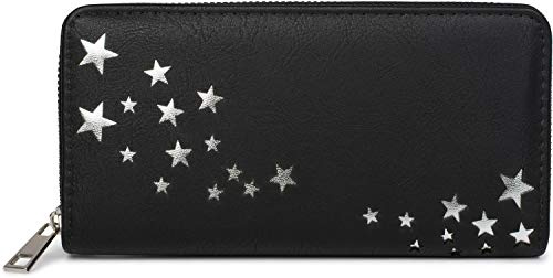 styleBREAKER Damen Portemonnaie mit Metallic Sternen | große Geldbörse mit Reißverschluss, Kartenfächern & Handyfach, Kunstleder 19 x 10 cm, Farbe:Schwarz