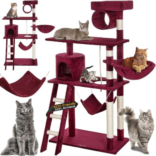 BAKAJI Árbol rascador para Gatos de sisal y Felpa, Parque de Juegos para Gato, con caseta Colgante, escondite, Postes y Plataformas, Dimensiones 142 x 74,5 x 40 cm (Rojo)