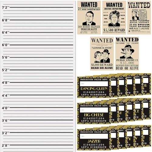 Goldene 20er Jahre Mugshot Fotobox Requisiten Messlatten-Hintergrund Wanted-Postern 26tlg Set | Wanted Sign Poster, 1920er Jahre Art Deco Jazz Party Mugshot Schilder, Vintage 20er Jahre Jazz Party Eingang Hintergrund