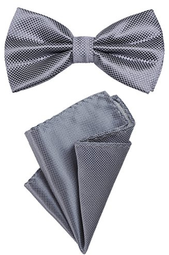 DonDon 2er Set Herren Fliege und Einstecktuch farblich passend gebunden und größenverstellbar grau