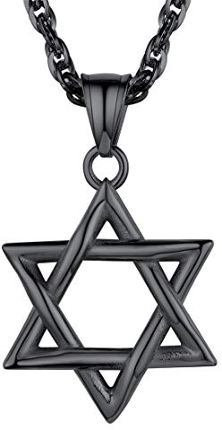U7 Star of David Necklace For Boys Rounded Radians Hexagram Pendant Jewish Magen, Black Plated Stainless Steel Hebrew Jewish Jewellery Israel Judaism Necklace