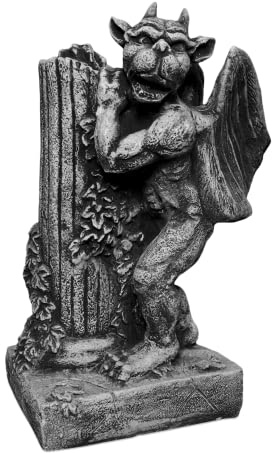 gartendekoparadies.de Gargoyle mit Säule, Steinfigur, H. 45 cm, 18 kg, Grau, frostsicher aus Steinguss für Außenbereich