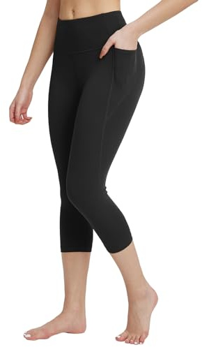 baleaf Yoga-capri-leggings för kvinnor med fickor, plusstorlek, hög midja, träning, löpning, gym, casual capribyxor, Svart, M