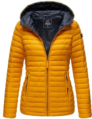 MARIKOO Damen Steppjacke Übergangsjacke gesteppte Jacke mit Kapuze Frühjahr Stepp B857 [B857-Asr-Gelb-Gr.XL]