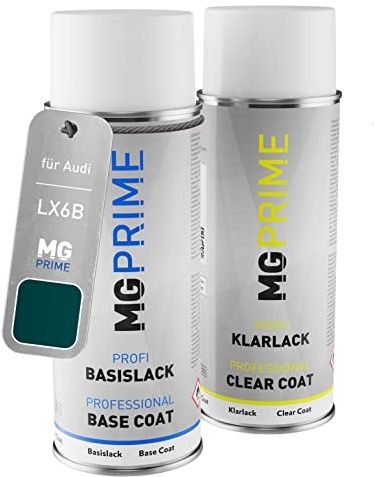 MG PRIME Autolack Spraydose für Audi LX6B / X6B / P3 Tiomangrün + Klarlack | Set aus Basislack + Klarlack, Sprühdosen 400ml