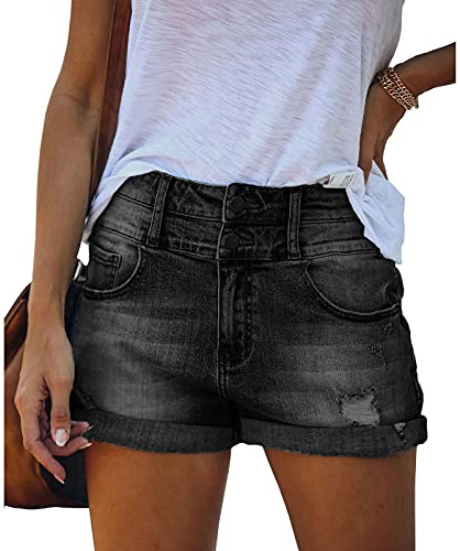Bichingda avslappnade denimshorts för kvinnor, hög midja, slitna fåll, slitna sommarjeans, korta hotpants med fickor, svart, M