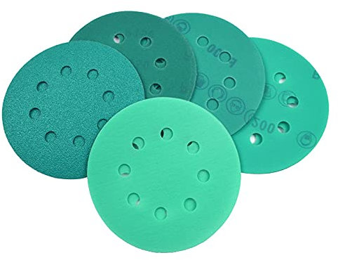 10PCS 5 Inch(125mm) 8-Hole Polyester Film Wet/Dry Hook & Loop Flocking Green Sanding Discs Paint Abrasive Sandpaper, 60#-2000#,600