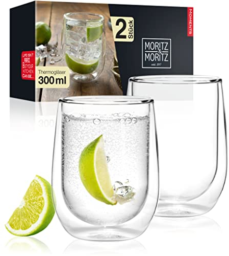 Moritz & Moritz Juego de 2 vasos de 300 ml, de doble pared, para cócteles, agua, té, café o bebidas largas, aptos para lavavajillas