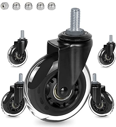 3 Thread Screw in Office Chair Caster Wheels, 3/8-16x1(Not Metric M10), Safe for All Floors, PU Rubber Furniture,Carts Stem Caster Wheels,No Scratch,650Lbs Weight Capacity